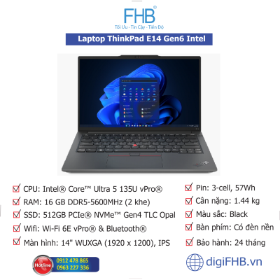 Laptop Lenovo ThinkPad E14 GEN 6 21M8S1T400 (Ultra 5 135H | 16GB | 512GB SSD | 14 inch WUXGA | NoOS | Black | Vỏ nhôm | 2Y + Giữ lại HDD + Onsite)